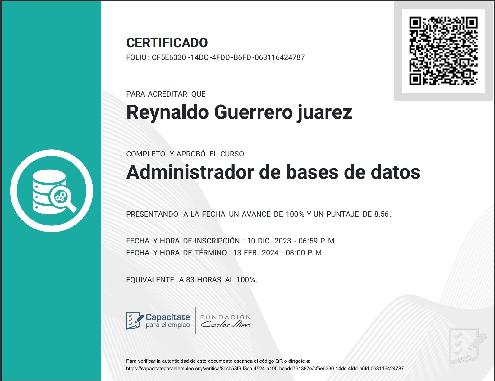 Certificado Administrador de Base de Datos